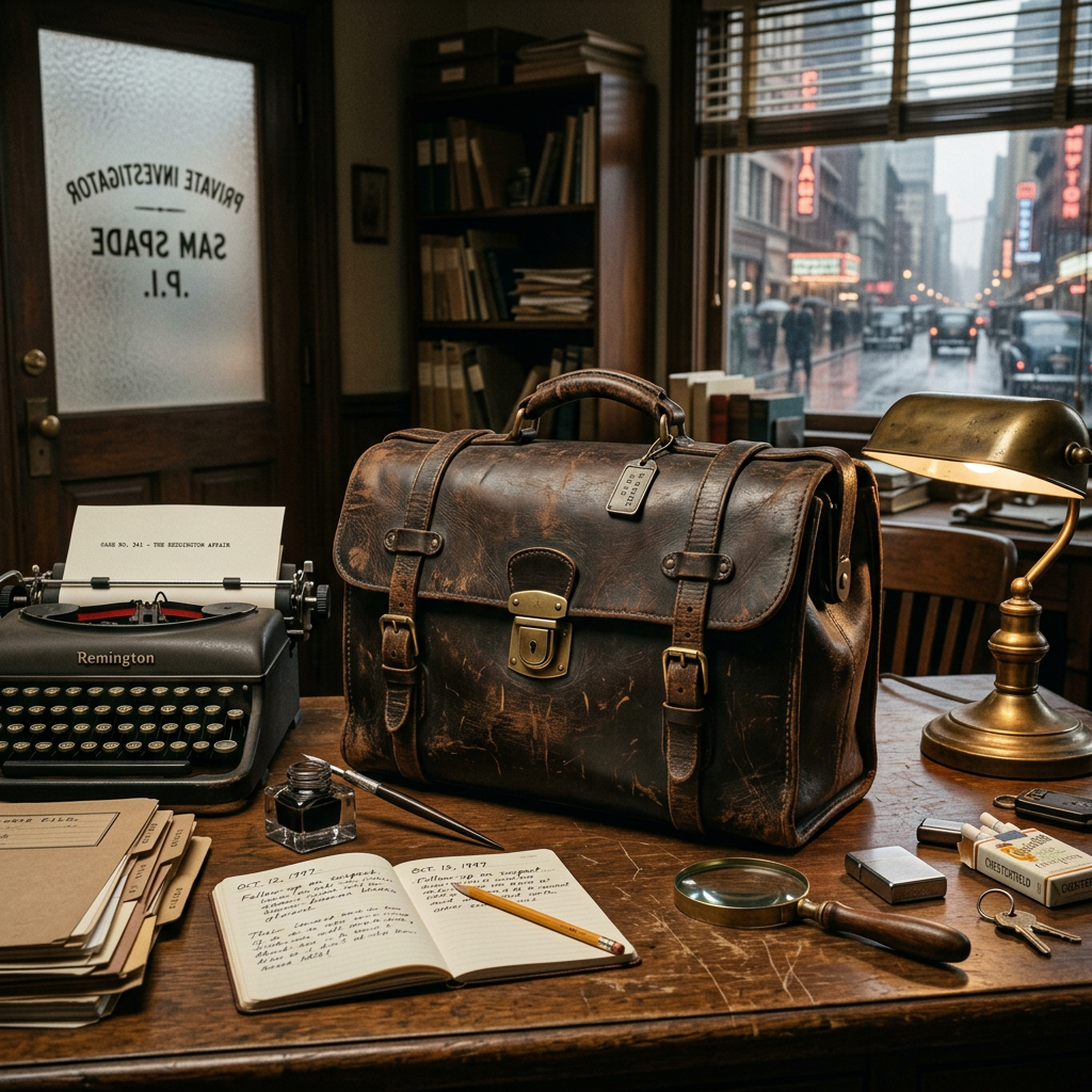 Detective desk with leather bag, typewriter, magnifying glass, and notes
